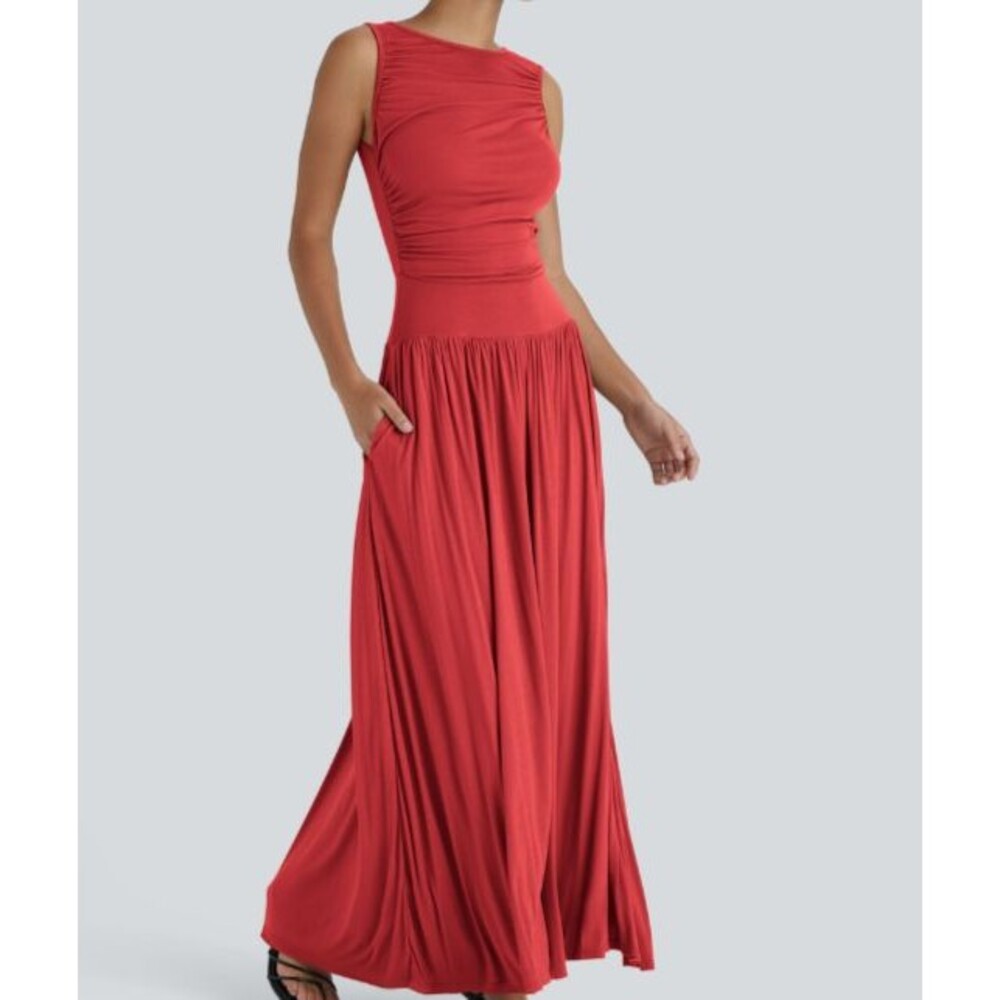 Halara Red Soft Stretchy Asymmetric Ruching Sleeveless Flowy Maxi Dress Size L